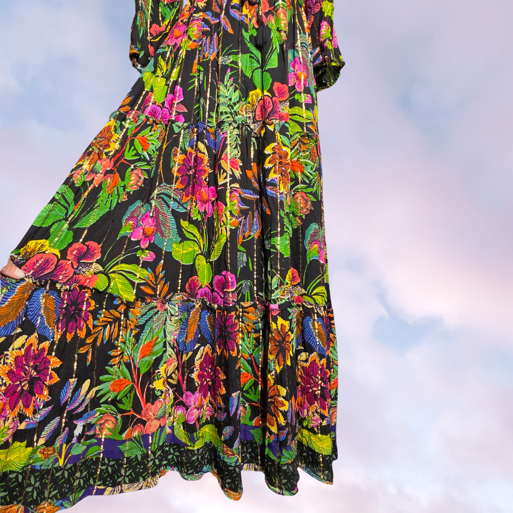 Me 2 Magic Black Floral Metallic Gold Viscose Boho Bell Sleeve Maxi Dress Size L - Picture 6 of 7